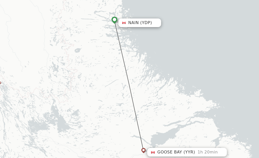 Flights from Nain to Goose Bay route map