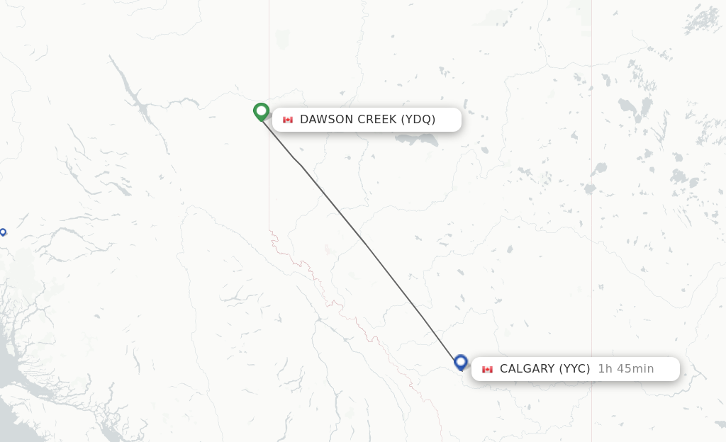 Flights from Dawson Creek to Calgary route map