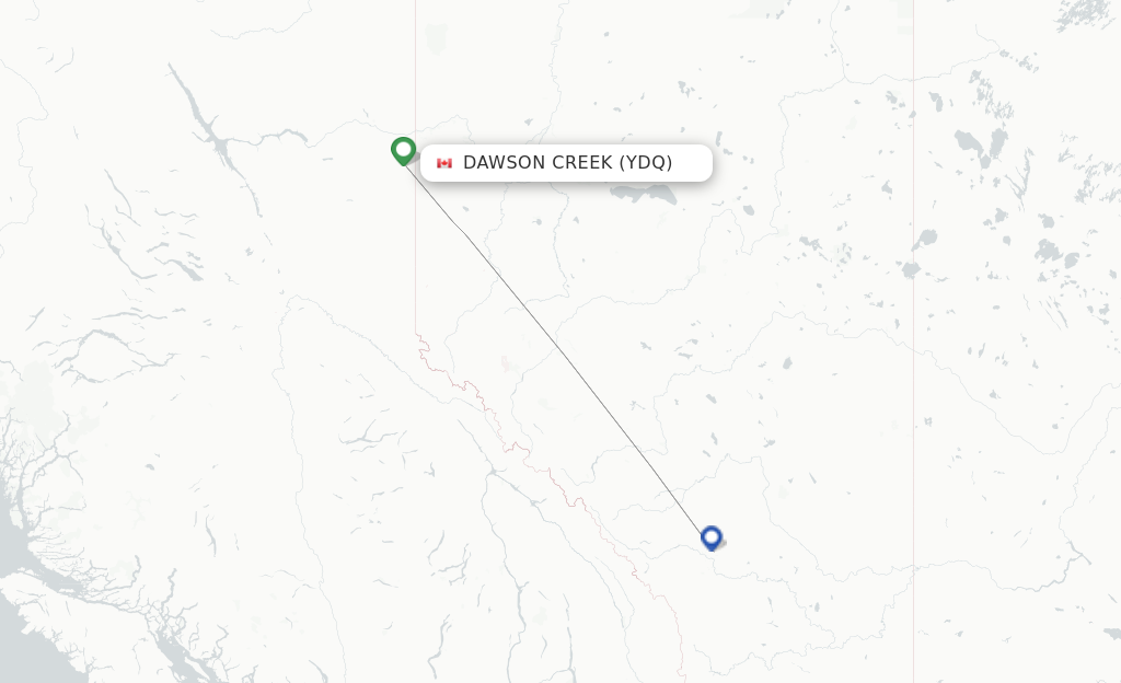 Flights from Dawson Creek to Prince George route map