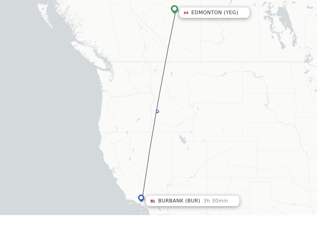 Flights from Edmonton to Burbank route map