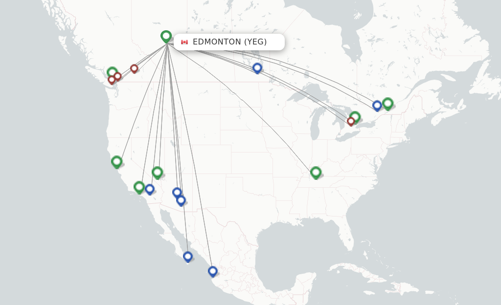 Route map with flights from Edmonton with Flair Airlines
