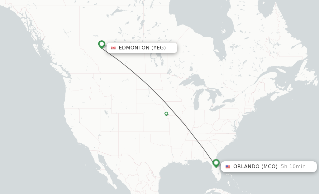 Flights from Edmonton to Orlando route map