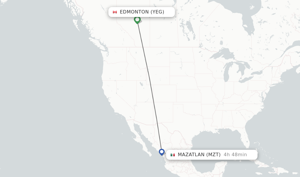 Flights from Edmonton to Mazatlan route map