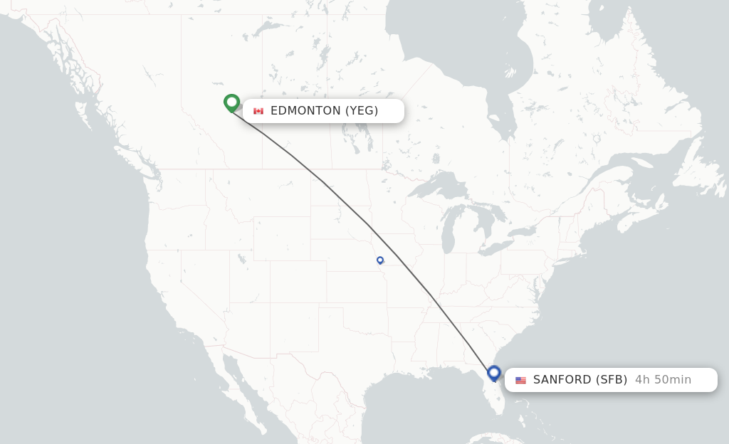 Flights from Edmonton to Orlando route map