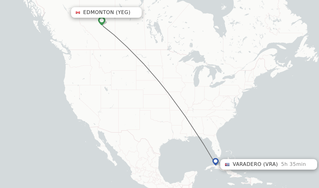 Flights from Edmonton to Varadero route map