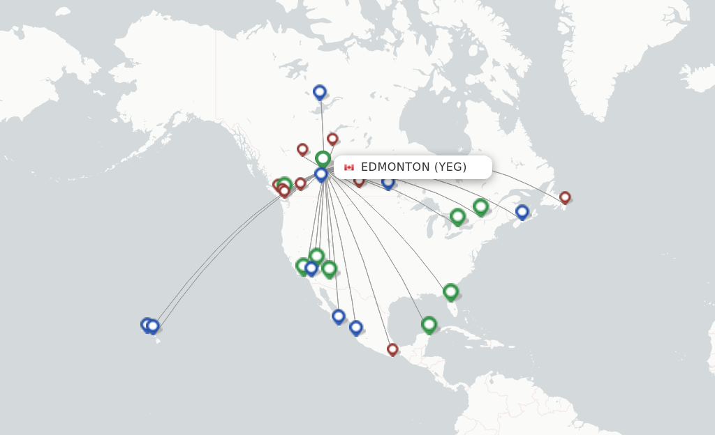 Route map with flights from Edmonton with WestJet