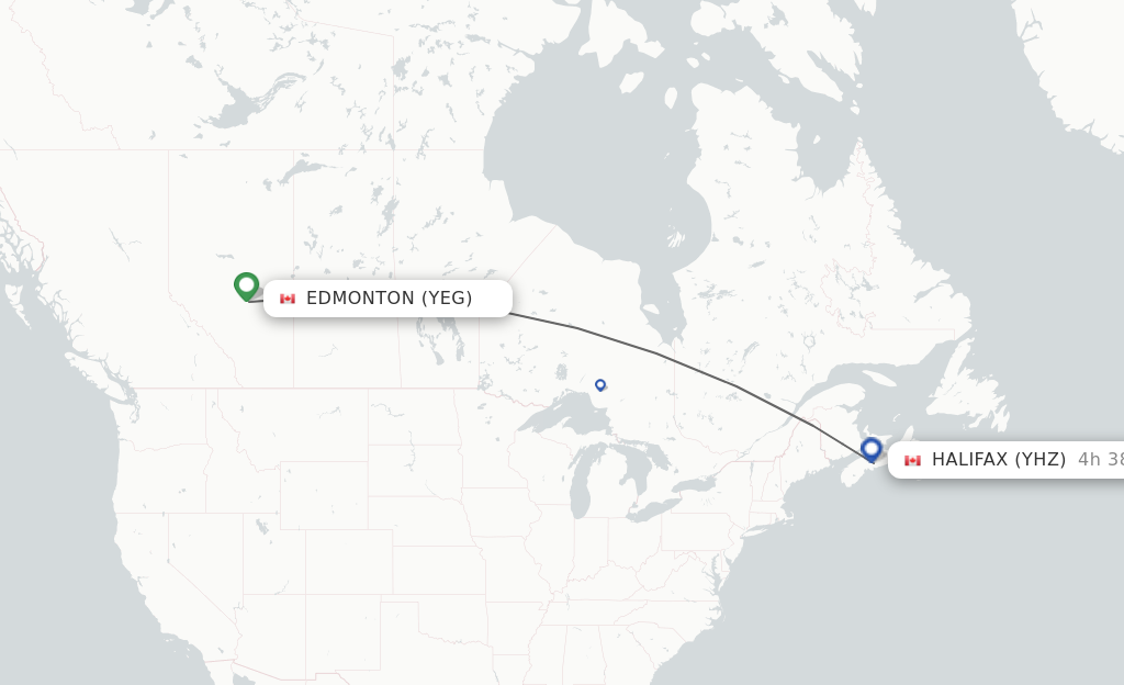 Flights from Edmonton to Halifax route map