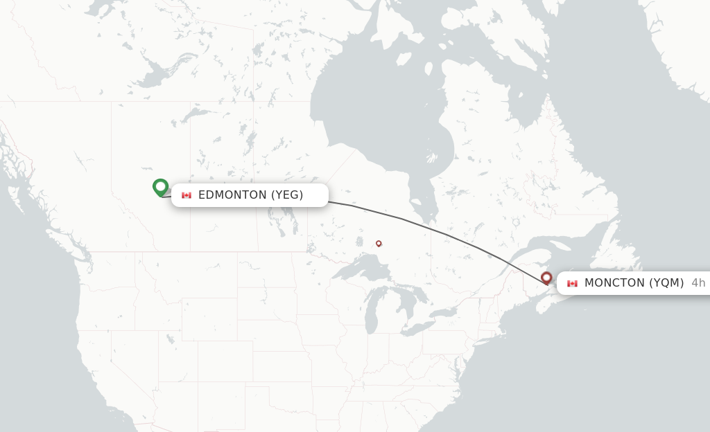 Flights from Edmonton to Moncton route map