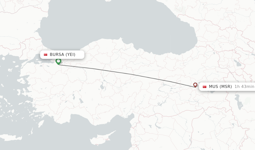 Flights from Bursa to Mus route map