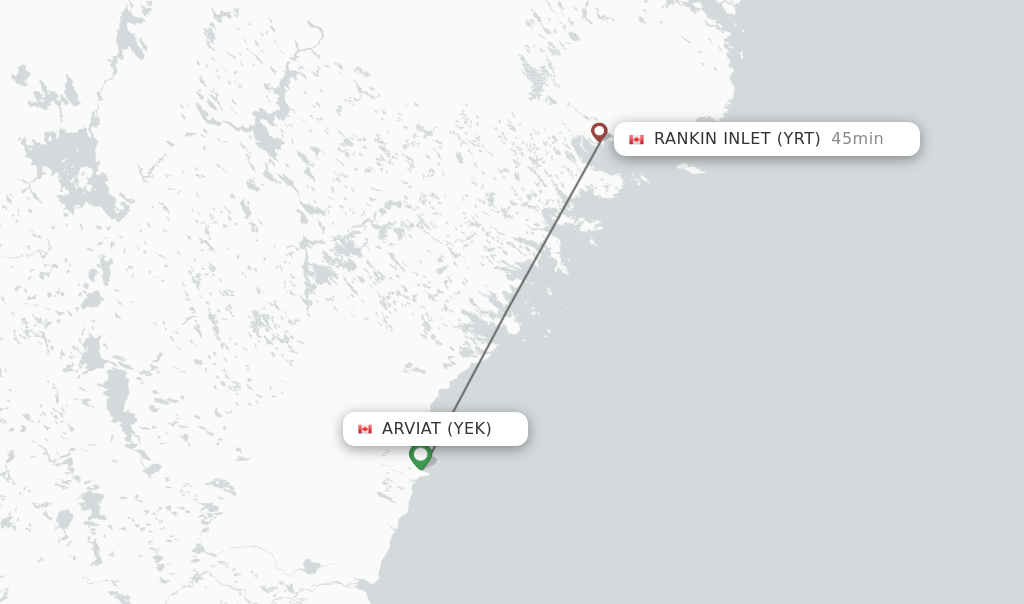 Flights from Arviat to Rankin Inlet route map