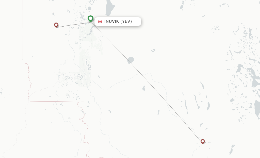 Route map with flights from Inuvik with North-Wright Airways
