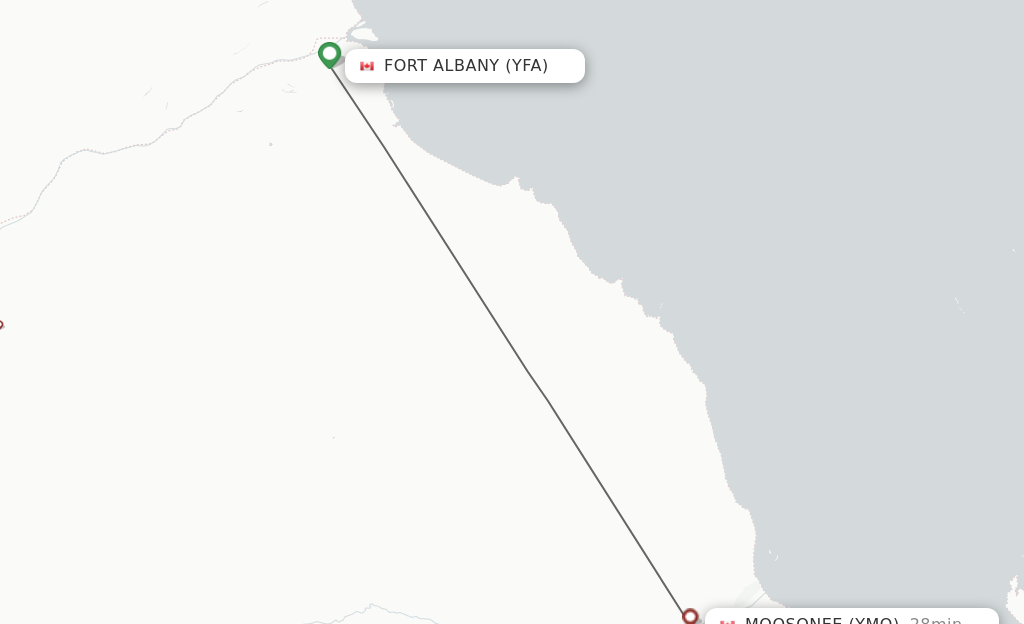 Flights from Fort Albany to Moosonee route map