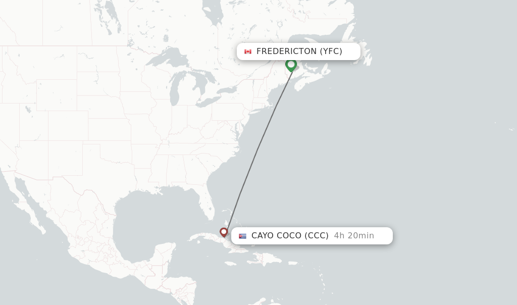 Flights from Fredericton to Cayo Coco route map