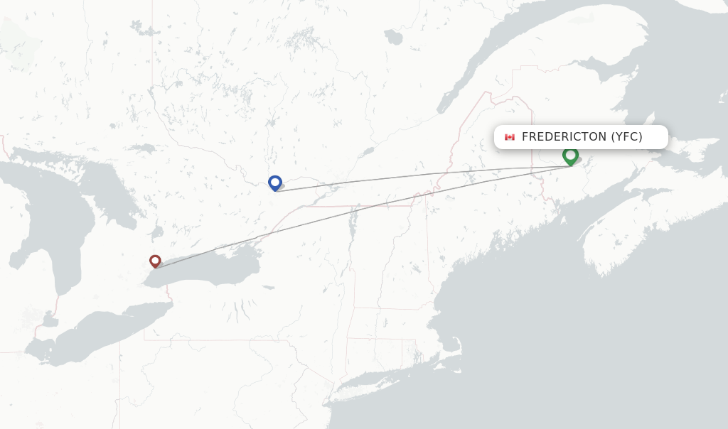 Route map with flights from Fredericton with Porter