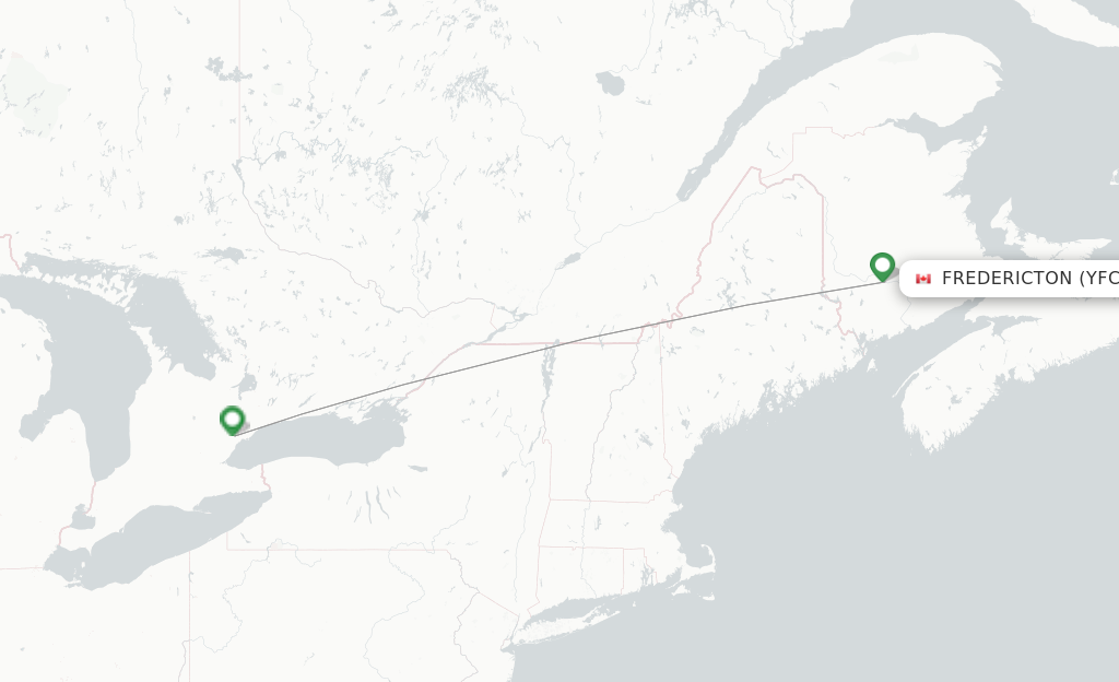 Route map with flights from Fredericton with WestJet