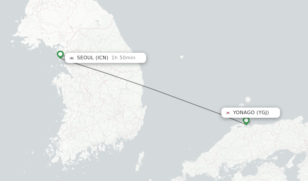 Flights from Yonago to Seoul route map