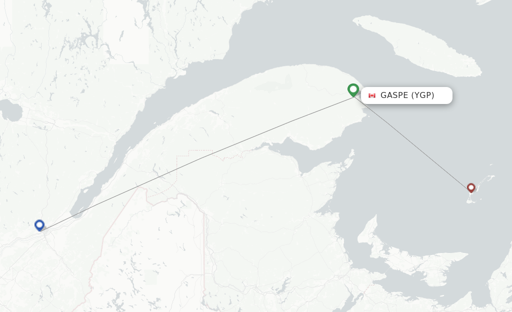 Route map with flights from Gaspe with PAL Airlines