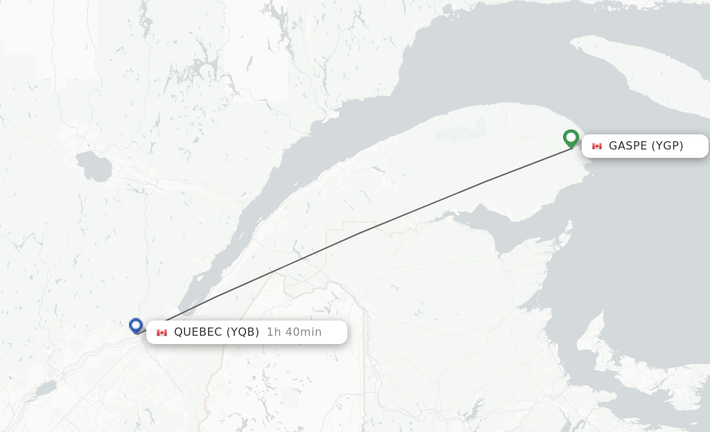 Flights from Gaspe to Quebec route map