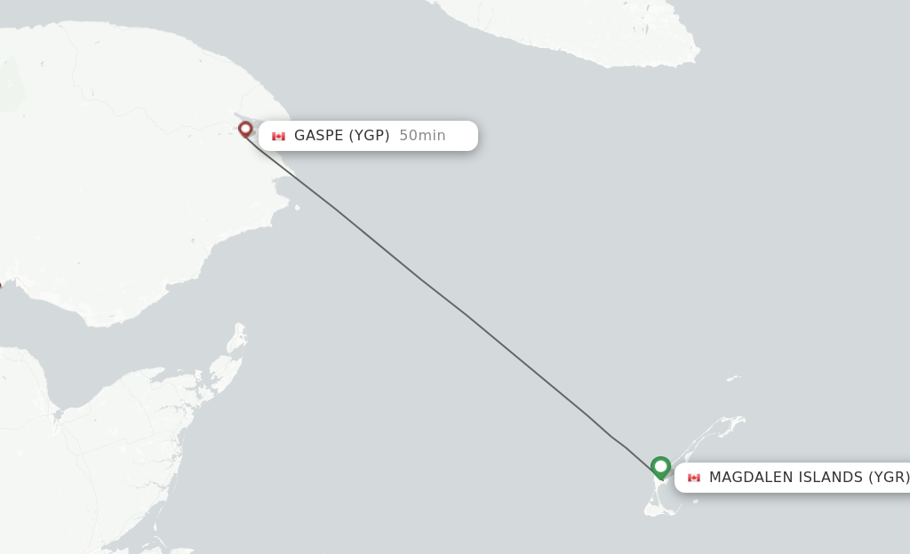 Flights from Magdalen Islands to Gaspe route map