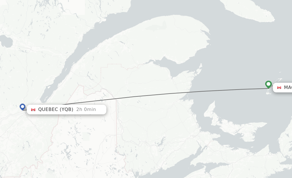 Flights from Magdalen Islands to Quebec route map