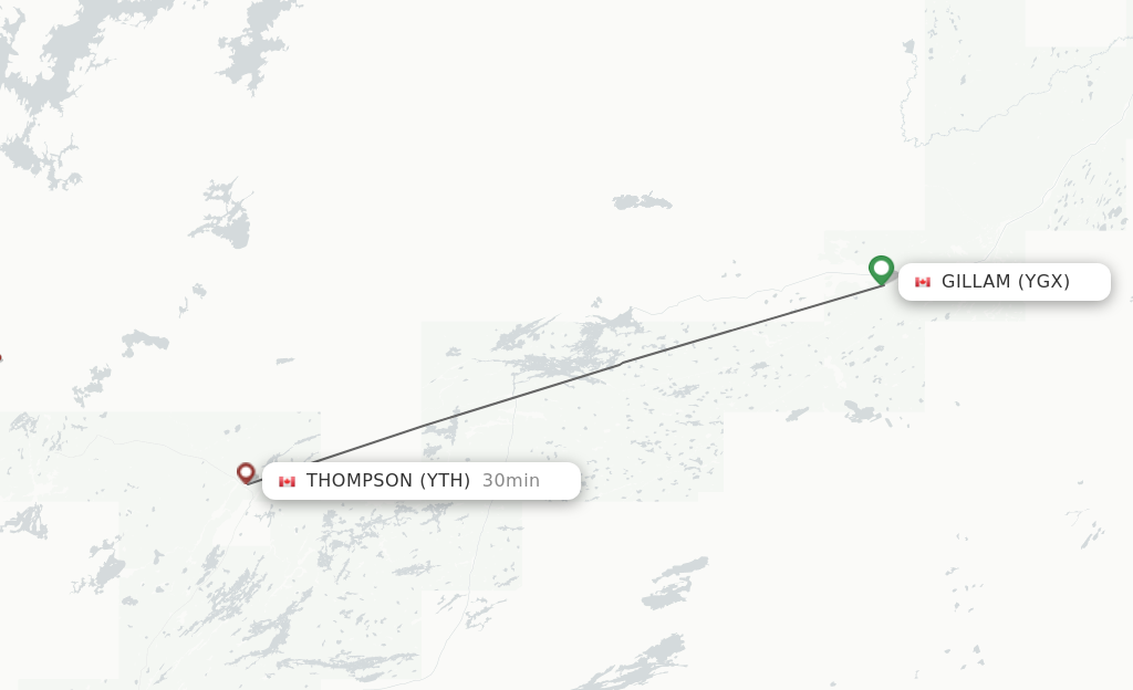 Flights from Gillam to Thompson route map