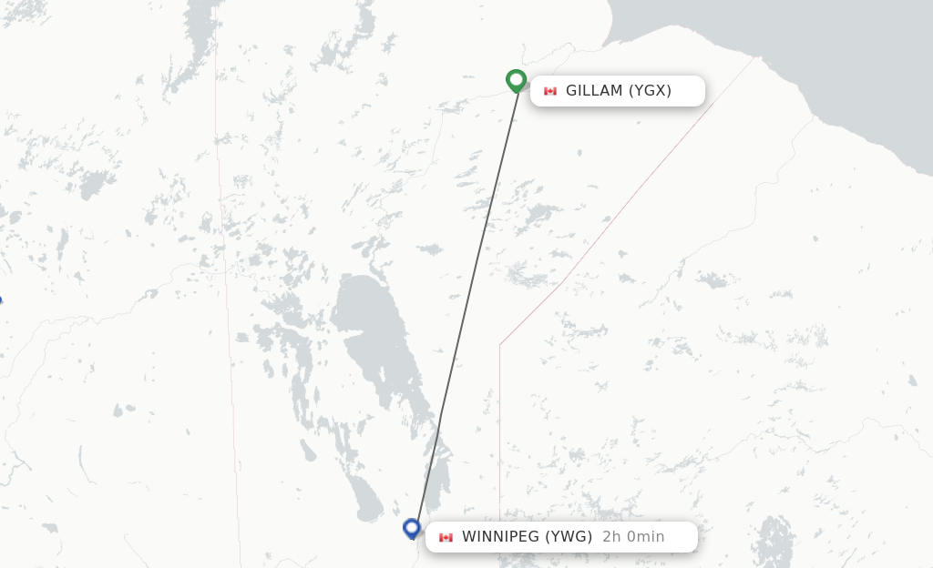 Flights from Gillam to Winnipeg route map
