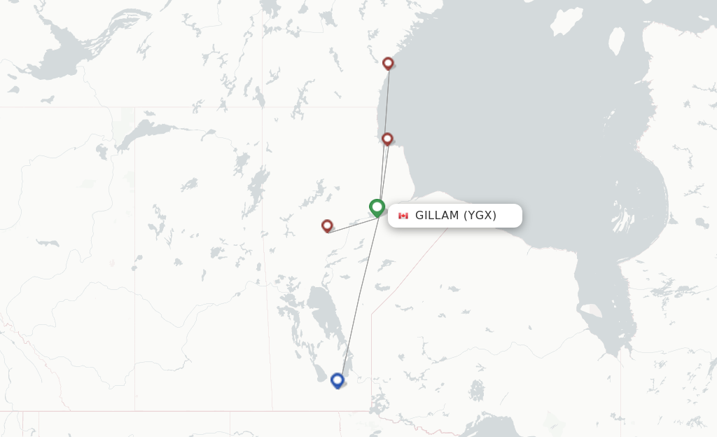 Flights from Gillam to Churchill route map