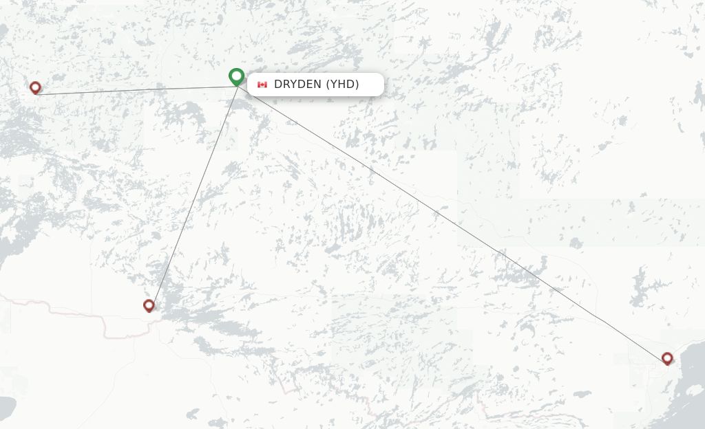 Route map with flights from Dryden with Bearskin Airlines