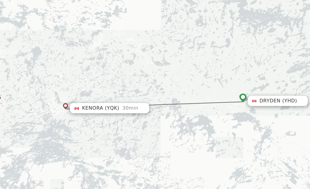 Flights from Dryden to Kenora route map