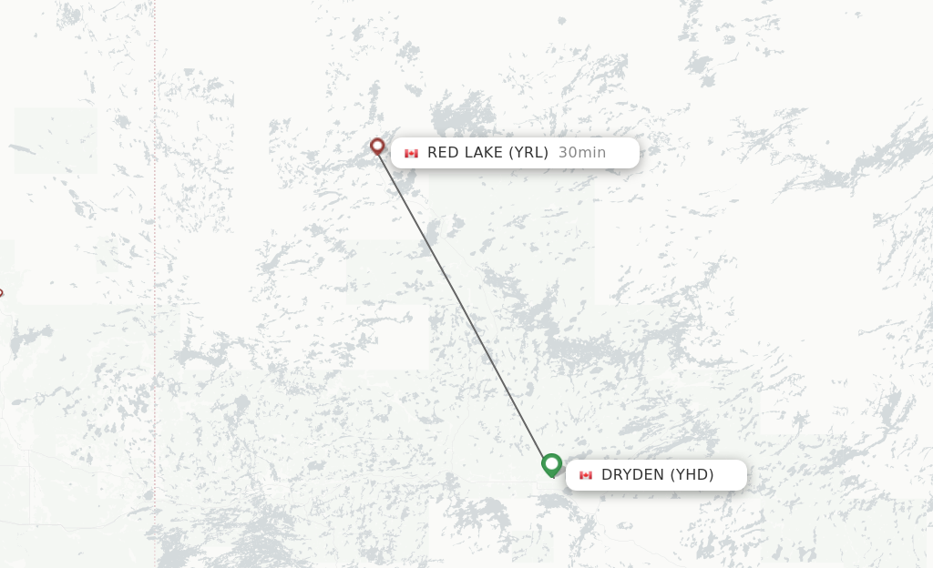Flights from Dryden to Red Lake route map