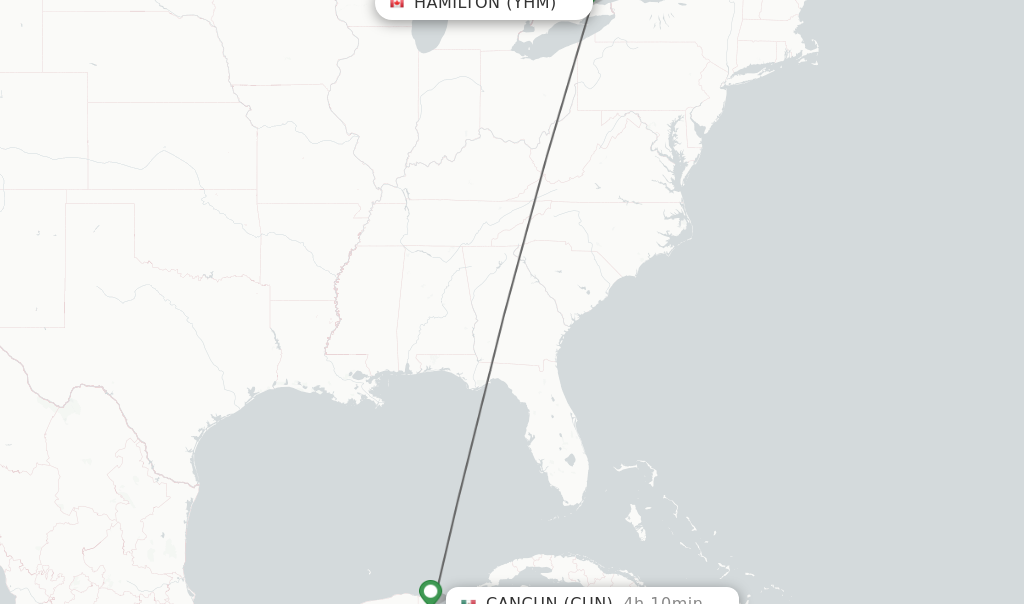 Flights from Hamilton to Cancun route map