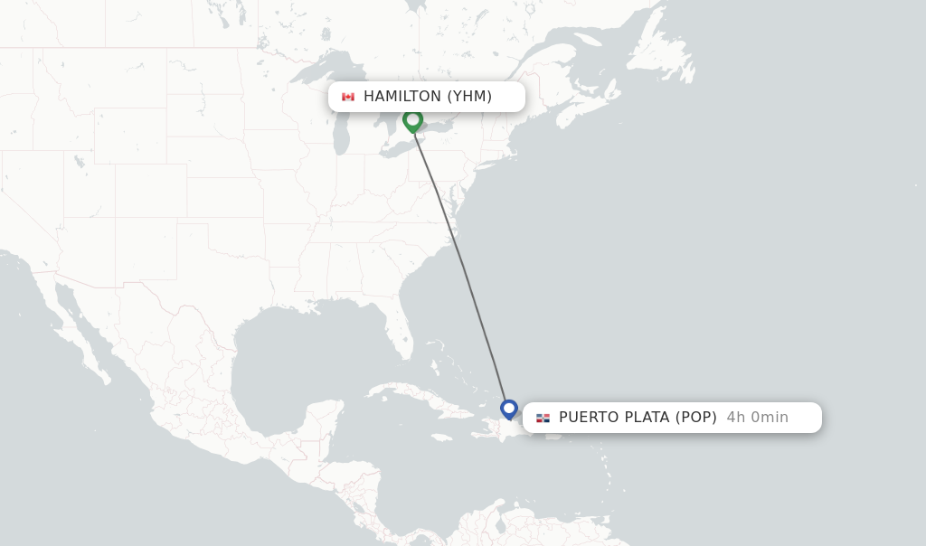 Flights from Hamilton to Puerto Plata route map