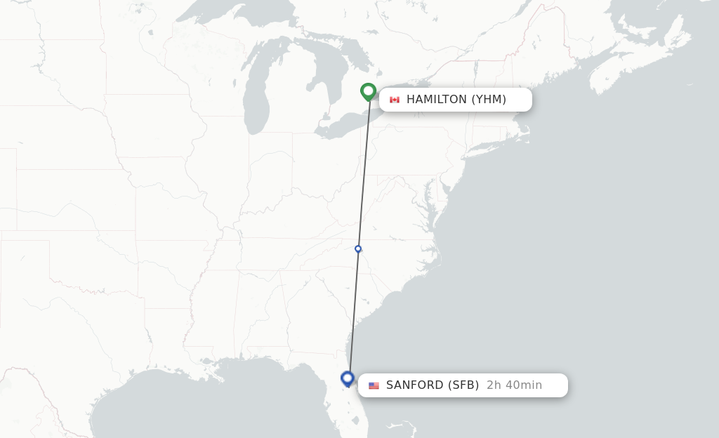 Flights from Hamilton to Orlando route map