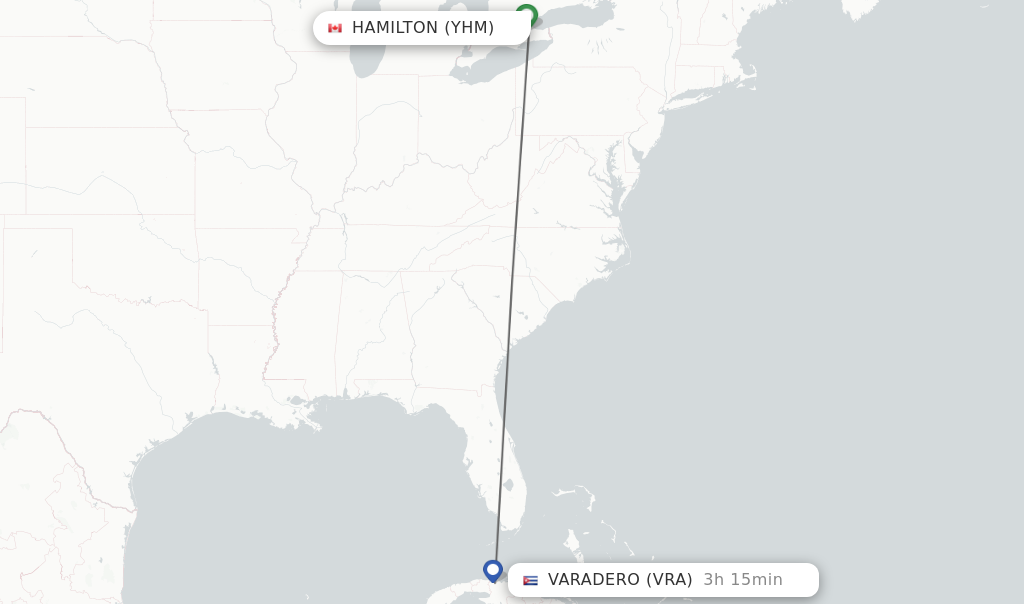 Flights from Hamilton to Varadero route map