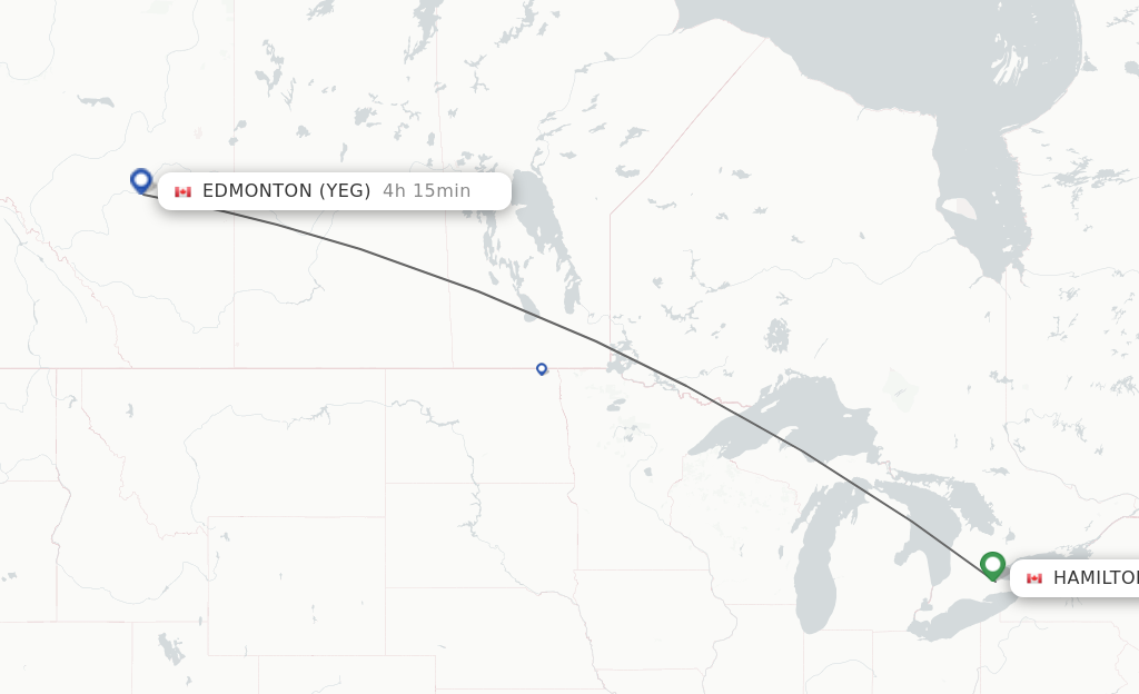 Flights from Hamilton to Edmonton route map