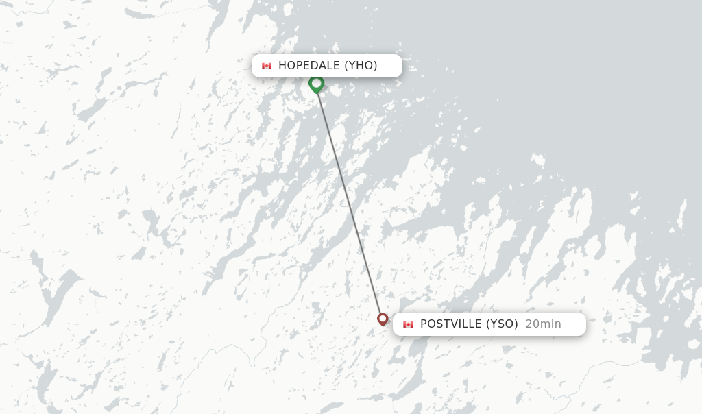 Flights from Hopedale to Postville route map
