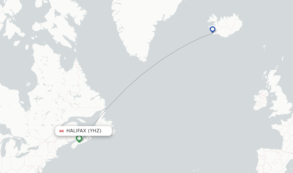 Route map with flights from Halifax with Icelandair
