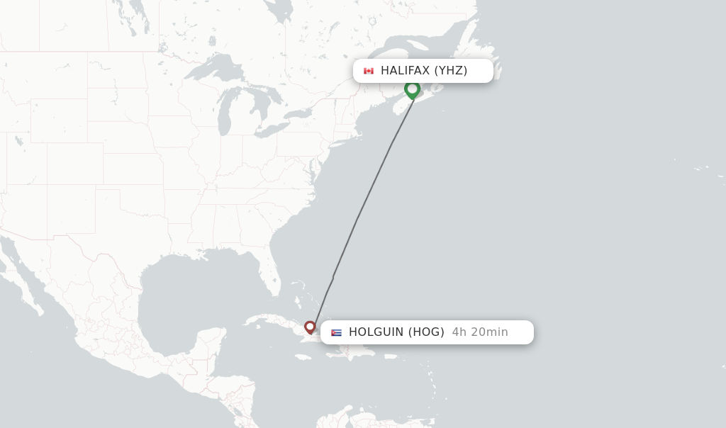 Flights from Halifax to Holguin route map