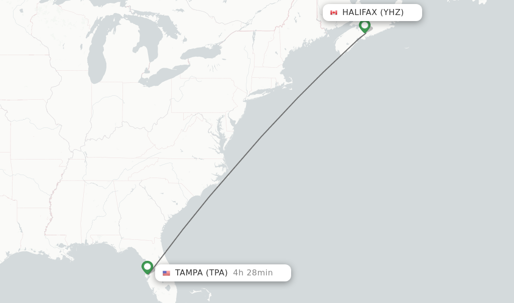Flights from Halifax to Tampa route map