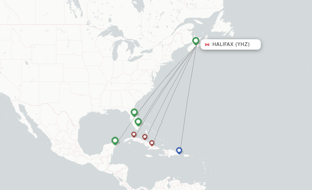 Route map with flights from Halifax with Air Transat