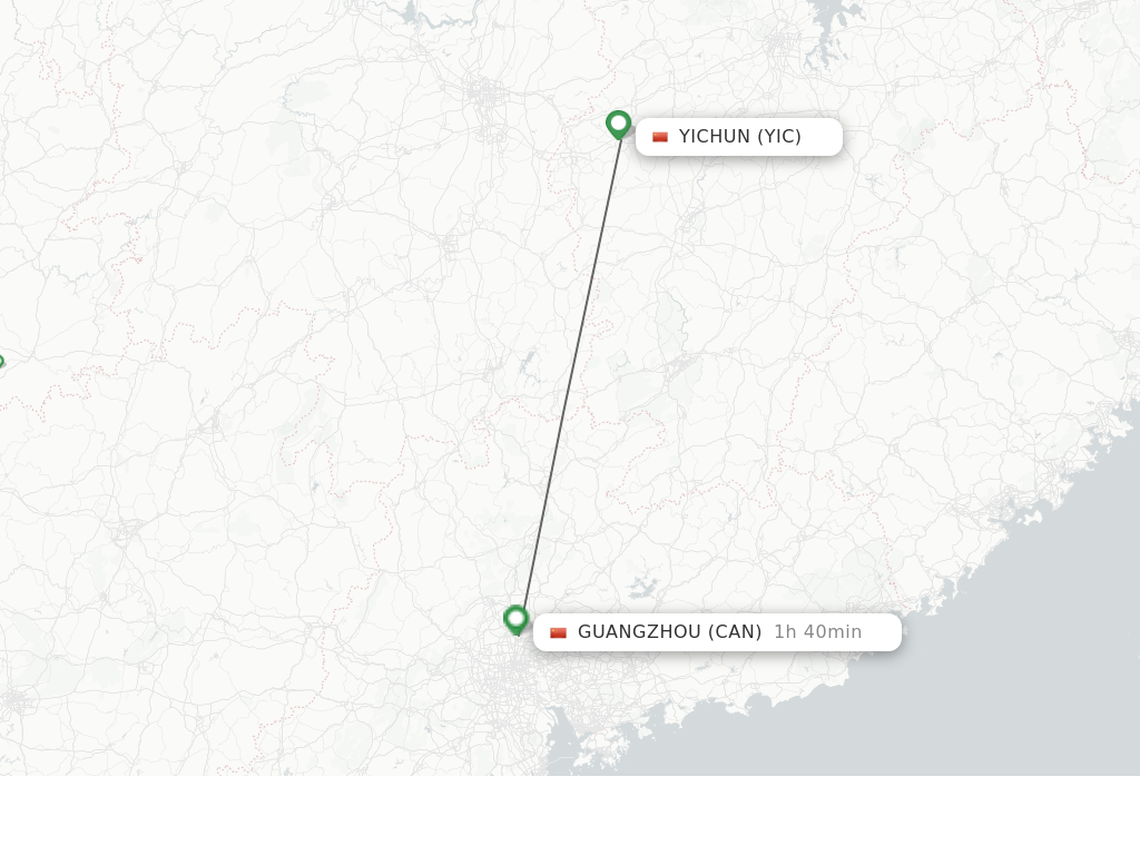 Flights from Yichun to Guangzhou route map