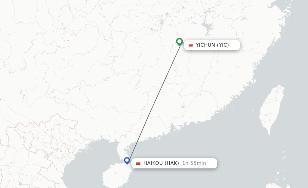 Flights from Yichun to Haikou route map