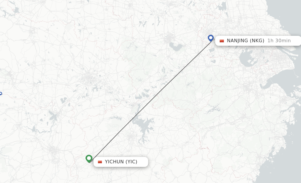 Flights from Yichun to Nanjing route map