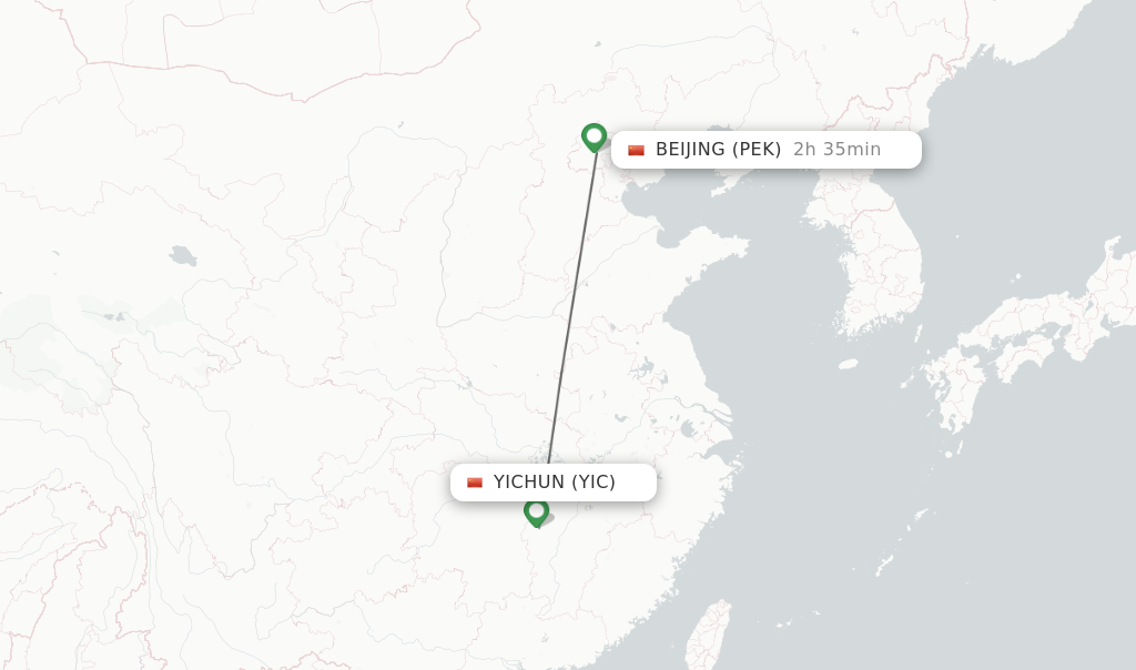 Flights from Yichun to Beijing route map