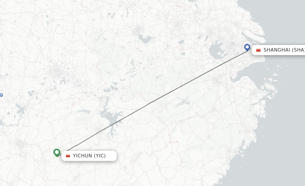 Flights from Yichun to Shanghai route map