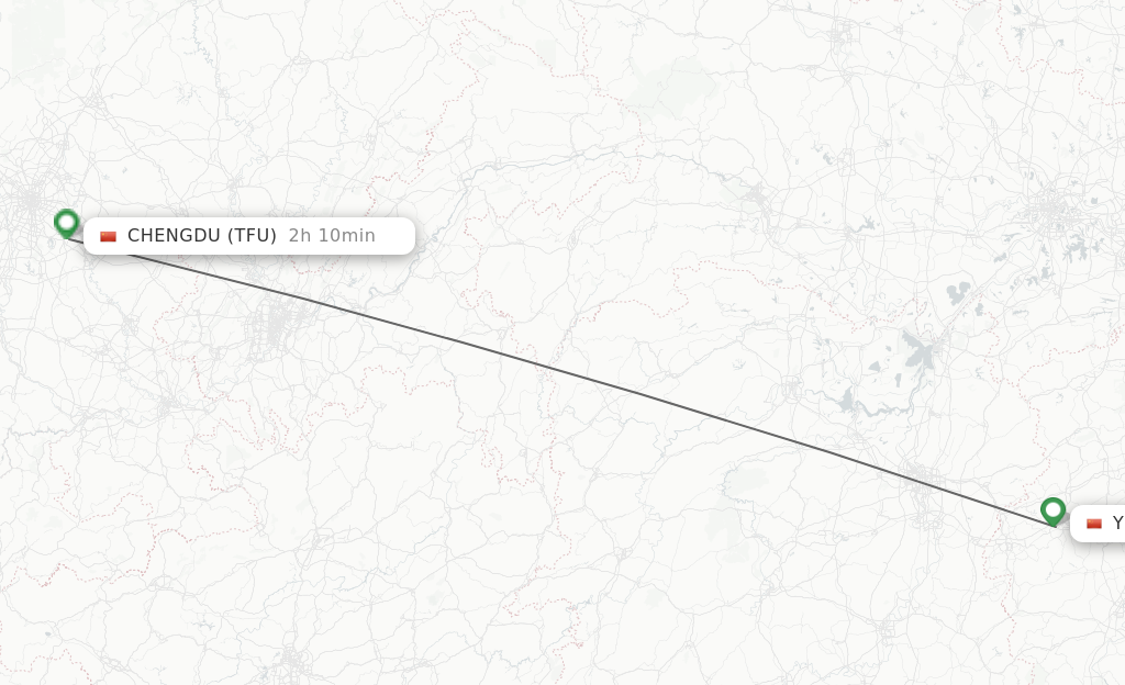 Flights from Yichun to Chengdu route map