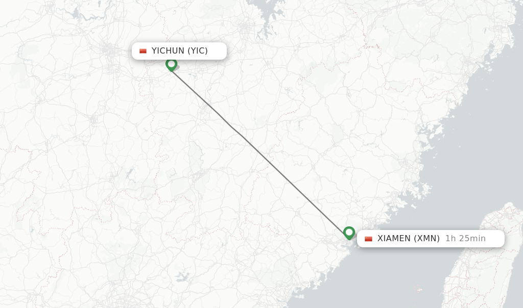 Flights from Yichun to Xiamen route map