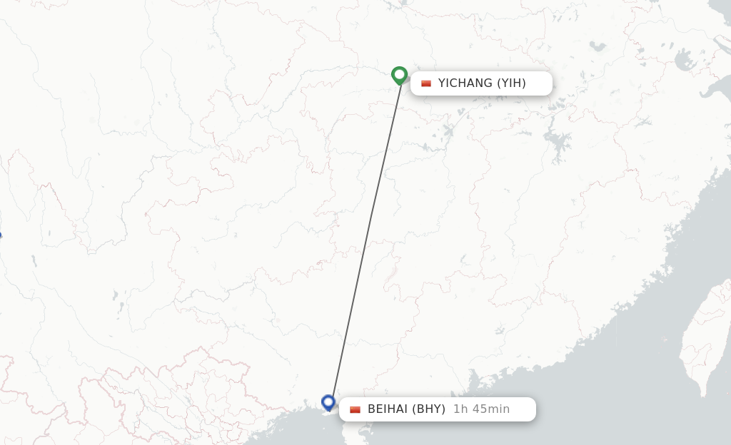 Flights from Yichang to Beihai route map