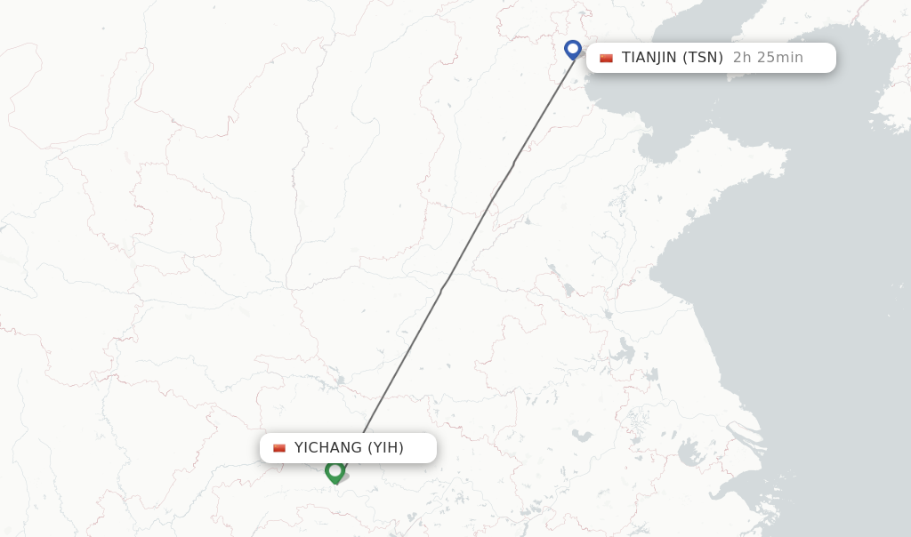 Flights from Yichang to Tianjin route map