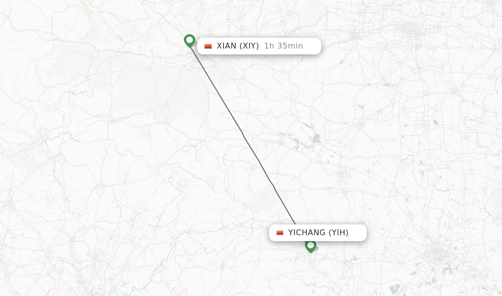Flights from Yichang to Xian route map